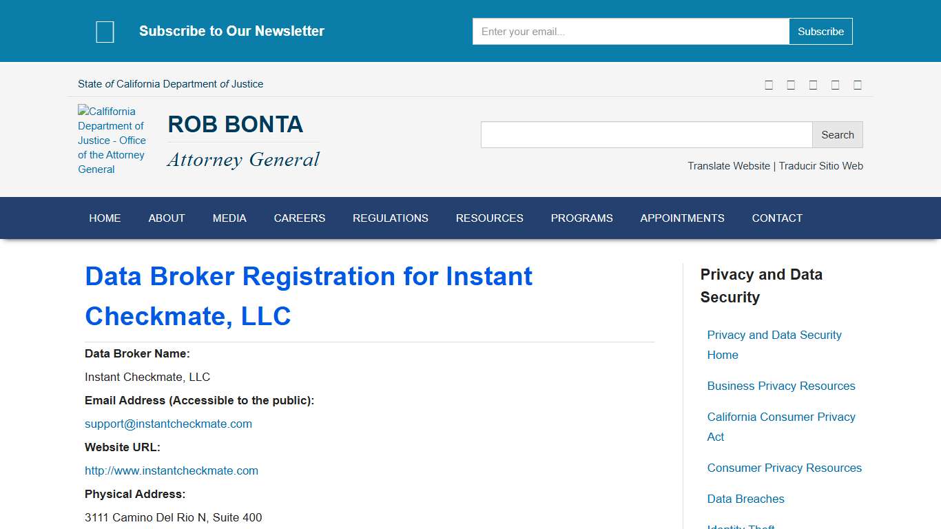 Data Broker Registration for Instant Checkmate, LLC State of California - Department of Justice - Office of the Attorney General