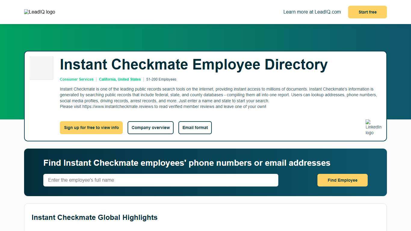 Instant Checkmate Employee Directory, Headcount & Staff LeadIQ